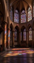 A serene and spiritual Aesthetic Background featuring vibrant light patterns from stained glass windows in a majestic Gothic church