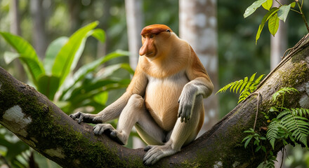 Fototapeta premium Male proboscis monkey sits on a large tree trunk in a dense tropical forest with natural light and detailed fur texture.