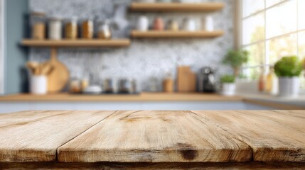 Wooden table with blurred kitchen in the background, copy space available