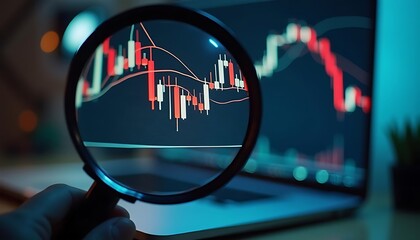 Magnifying glass focusing on stock market candlestick chart on computer screen