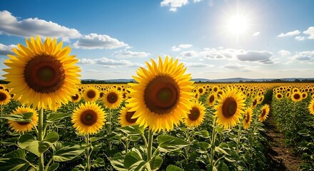Vast Field of Sunflowers Under a Bright Blue Sky with Fluffy Clouds - Aesthetic Background
