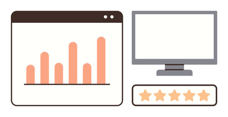 Bar graph shows data trends, next to a screen and a five-star rating scale. Ideal for analytics, reports, performance review, business strategy, marketing insights, feedback productivity. Simple