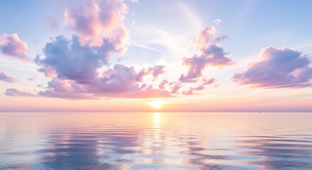 Breathtaking sunrise over a tranquil ocean with colorful clouds reflecting on the calm water, a beautiful Aesthetic Background
