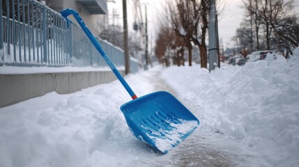 Blue snow shovel rests against a wall after clearing the sidewalk