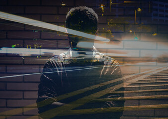 Unrecognizable man in a dark room, stressful incitement, with head down, Portrait of , fear,...