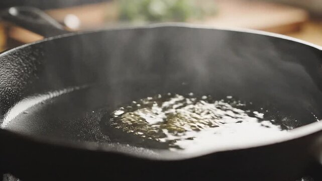 熱せられたフライパンで踊る小さな油の滴