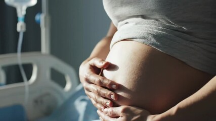 Close Up of Pregnant Woman's Belly in Hospital Room Embracing Her Womb with Gray T-Shirt under Sunlight with Medical Equipment Bed and Drip Infusion Hanging in Serene and Quiet Setting