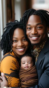 A black couple holding a baby in a brown blanket. The baby is smiling and the couple is smiling as well