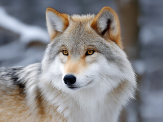 Naklejka premium captivating close-up of a wild wolf's face with intelligent eyes and a textured coat