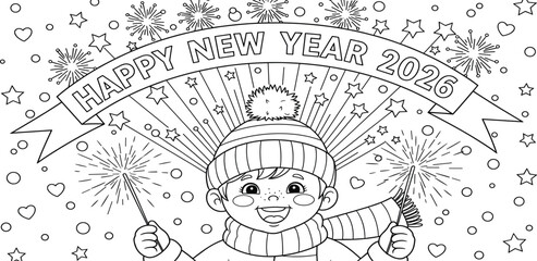 Obraz premium Cute child in winter clothes celebrating the new year 2026 with sparklers and fireworks, a festive coloring book page for kids