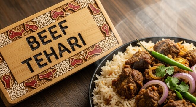 Beef Tehari in Dish &ndash; Hand-Carved Jackfruit Wood Sign with Rice Grain & Beef Rib Motifs | Humble Bengali One-Pot Meal Photography