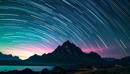 星空 星の軌跡 タイムラプス 夜空 天体観測 星景写真 長時間露光 山 湖 水面 反射 幻想的 神秘的 美しい 宇宙 青 ピンク 紫 自然 壮大 風景