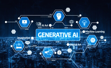 Innovative digital landscape illustrates the concept of generative AI with various icons representing technology, creativity, and imagination in a modern context. Tessel
