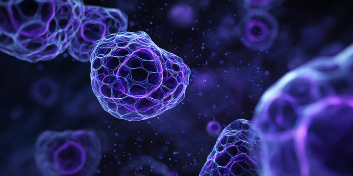 Abstract microscopic view of floating purple cells with hexagonal structures in digital biotech render
