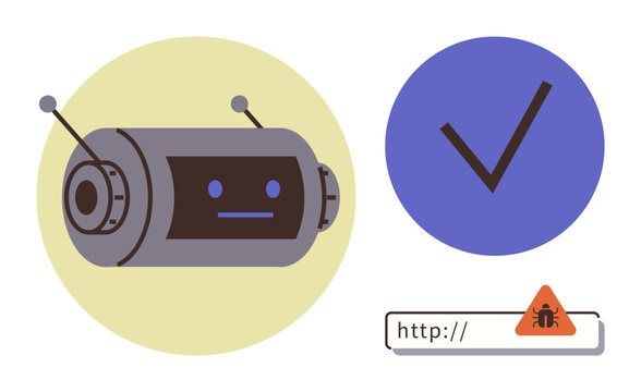 Robot head scanning URLs, blue checkmark for security, malware alert icon. Ideal for cybersecurity, technology, online safety, data protection, antivirus software, AI tools simple flat metaphor