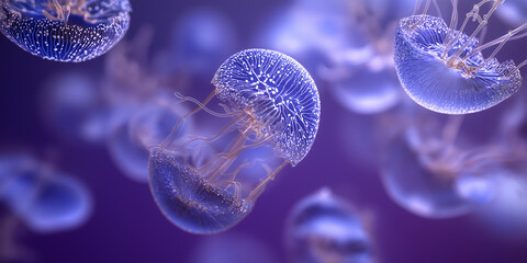 Transparent Jellyfish Floating in Purple Ocean Water &ndash; Marine Biology and Nature Concept
