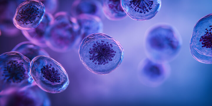 Purple Tinted Human Cells Under Microscope &ndash; Biotechnology and Genetics Visualization
