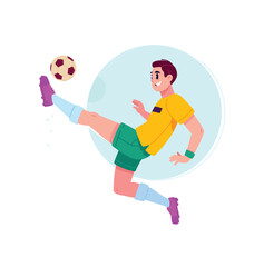 Illustration of a football player with a ball. Vector. The guy kicks the ball with his foot. A mascot and character for design projects. An illustration on the topic of sports and soccer. Playing foot