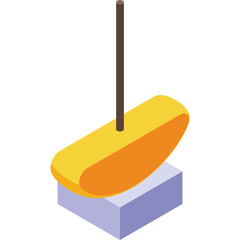 Abstract Geometric Shape Suspended Above Square Base with Minimalist Design and Clean Lines Yellow Orange and Purple Colors Isolated on White Background