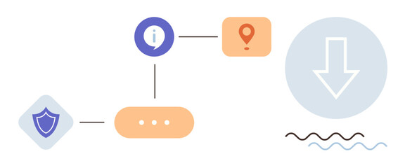 Shield, info bubble, location marker, download arrow, dotted line, circular shapes. Ideal for security, data flow, navigation process management technology connectivity simple flat metaphor