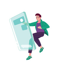 Illustration of a young guy in front of a large smartphone screen in zero gravity. The application interface. Log in to your personal account. Image for design projects, website and printing, mockup d