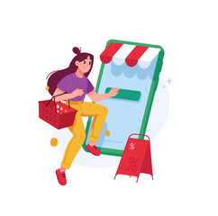 A girl shopper with a shopping cart visits an online store or marketplace. Online shopping and order delivery. Discounts. Illustration for design projects, website and printing, mockup and banner desi