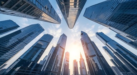 vista de &aacute;ngulo bajo de rascacielos en la ciudad de China.