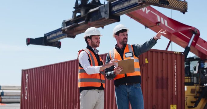 People, clipboard and logistics at shipping yard for inspection, distribution and track cargo. Men, team and checklist for shipment, inventory management and supply chain for freight at industry port