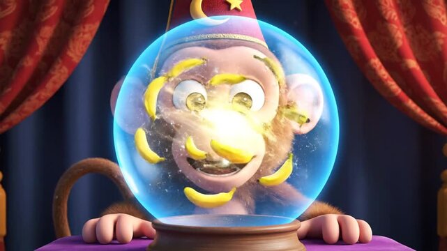 monkey fortune teller predicts banana future in crystal ball