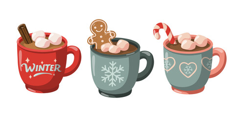 Cartoon set of winter mugs with hot chocolate, marshmallows, cinnamon and gingerbread. Hand drawn vector isolated illustration. 