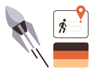 Rocket soaring to represent growth, a map pin showing destination, and layered blocks denoting steps. Ideal for progress, strategy, goals, innovation, journey planning and success. Simple flat