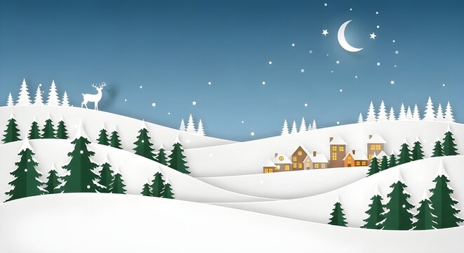 Paisaje invernal con recortes de papel de ciervo y abetos en la nieve.
 Banner horizontal festivo con texto Feliz Navidad, Pueblo y trineo volador de Papá Noel en el cielo nocturno con estrellas, neva - Powered by Adobe
