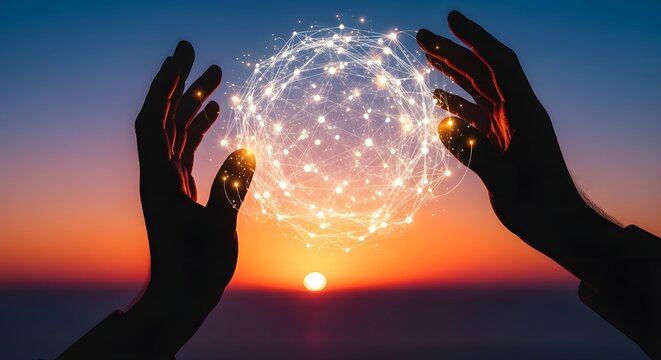 Manos del hombre sosteniendo la red global y la conexi&oacute;n del cliente de datos en el fondo de la naturaleza.