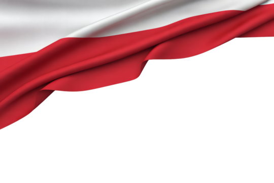  Realistic Polish flag waving gently across the top, showcasing its national colors, ideal for backgrounds with copy space on transparent background