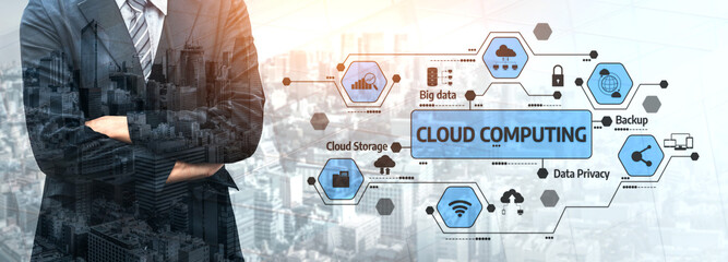 A business professional stands confidently in a suit against a bustling city backdrop, emphasizing the importance of cloud computing in today digital landscape. Tessel