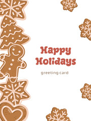 Happy Holidays greeting card with vertical line of gingerbread cookies. Winter poster. Hand drawn vector isolated illustration.