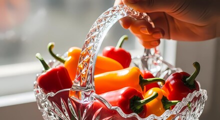 Basket of Fresh Bell Peppers Held by Hand &ndash; Farm to Table Organic Vegetable Concept