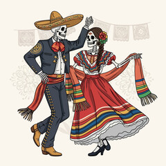 Obraz premium Day of the Dead Celebration Dancing Skulls in Traditional Attire, a Sugar Skull Celebration
