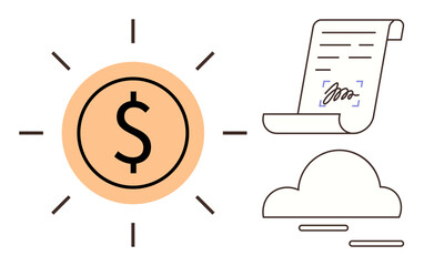 Large dollar coin radiating sun rays suggests money, with an e-signed digital contract and cloud icon symbolizing secure technology. Ideal for finance, agreements, e-commerce, data, tech, innovation