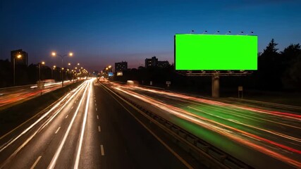 Green Screen 4k advertising billboard on sidelines of expressway with traffic at evening time lapse scene 2 distortion, overlay, glitch, static noise, scan lines black background, animated video loop