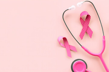 Pink Ribbon and Stethoscope on Pastel Background for Breast Cancer Awareness
