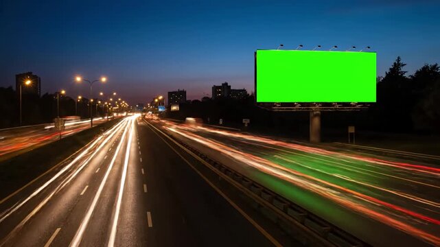 Green Screen 4k advertising billboard on sidelines of expressway with traffic at evening time lapse scene 2 distortion, overlay, glitch, static noise, scan lines black background, animated video loop