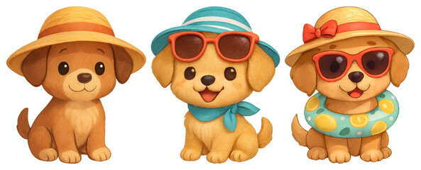 Fototapeta premium PNG Adorable puppies wearing summer accessories, element set on transparent background