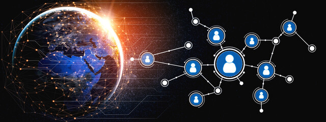 Visual representation of global connectivity featuring a glowing Earth and social network nodes....