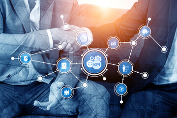 A visual representation of business partnership, focusing on performance metrics and KPIs. The digital network overlay symbolizes collaboration in a professional environment. Tessel