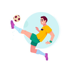Fototapeta premium Illustration of a football player with a ball. Vector. The guy kicks the ball with his foot. A mascot and character for design projects. An illustration on the topic of sports and soccer. 