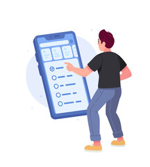 Illustration of a young guy in front of a large smartphone screen. The application interface. Log in to your personal account. Image for design projects, website and printing, mockup design.