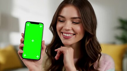 Green Screen beautiful young woman looking at camera and showing chroma key indoors pretty caucasian female holding smartphone with smiling home vertical position technology scene 2 distortion - Powered by Adobe
