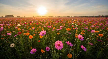 Fototapeta premium Field of cosmos flowers under the morning sunlight