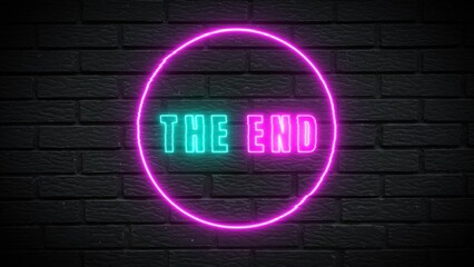 Dramatic neon sign on dark brick wall declaring the end of a chapter, perfect for a film or creative project closing scene